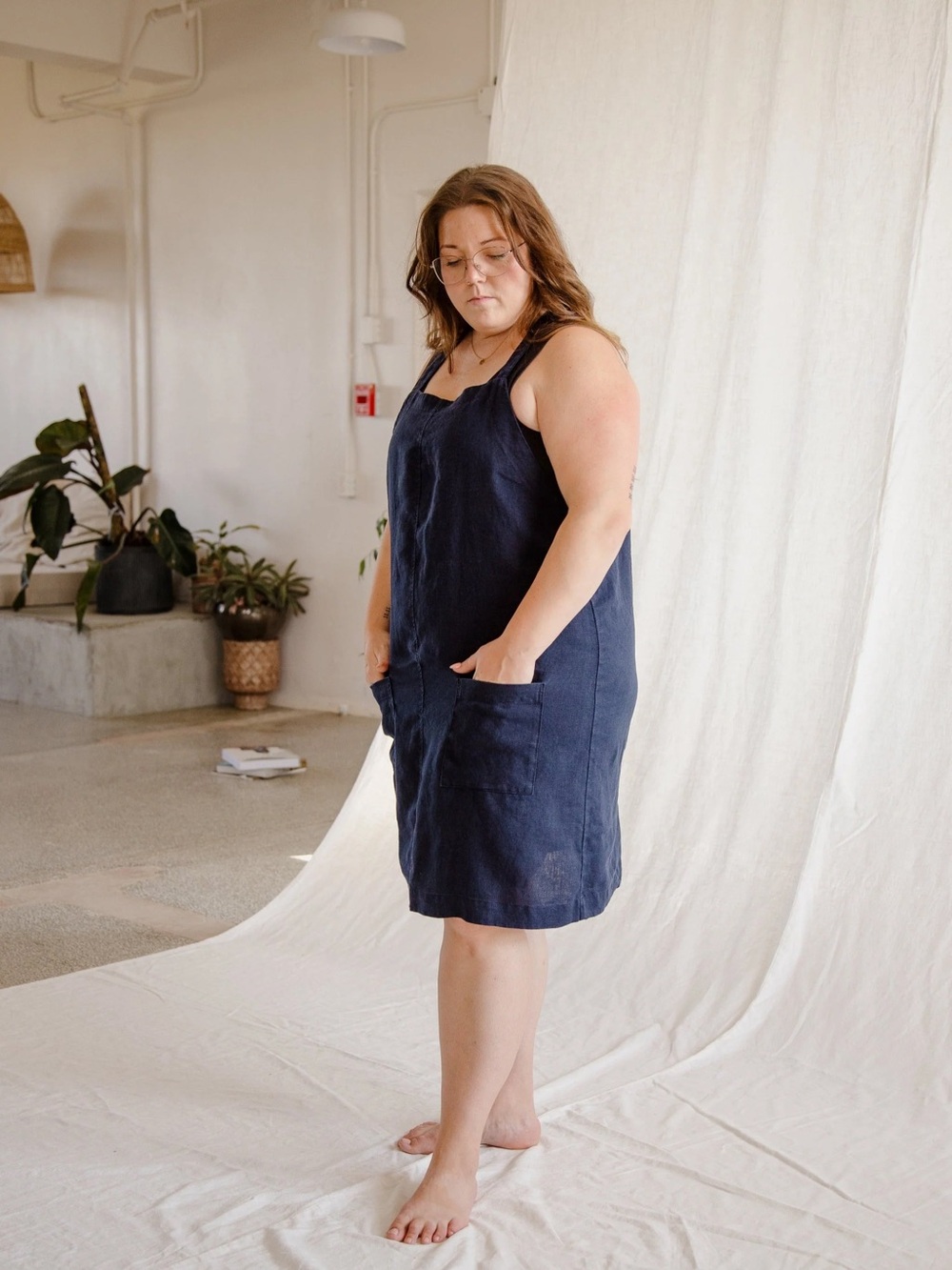 Cedar & Vine Handmade Canadian 100% Linen Jumper Dress Blue Pinafore Size L